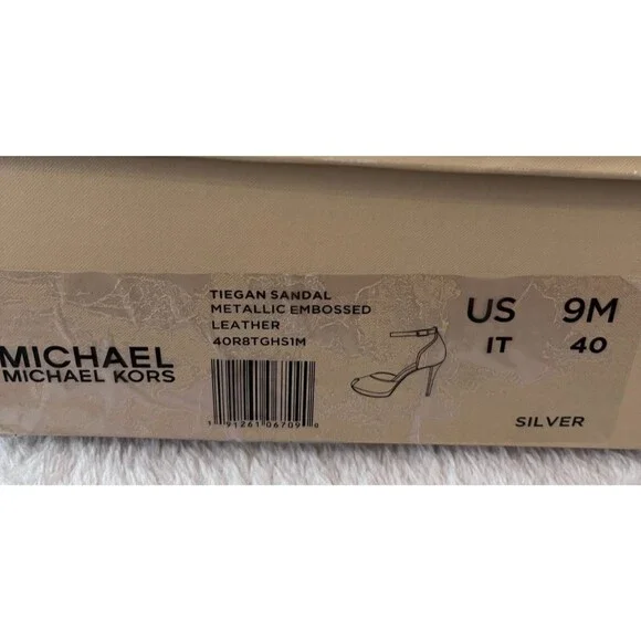Michael Kors NEW Size 9 Tiegan Metallic Embossed Heel Sandal Silver Leather MK - Picture 10 of 16
